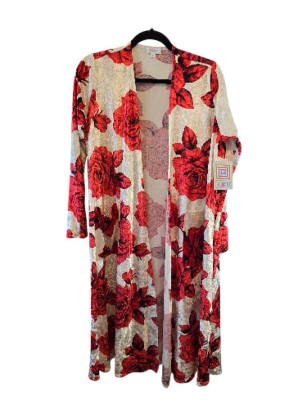 LuLaRoe Cream Duster Robe with Red Rose Print